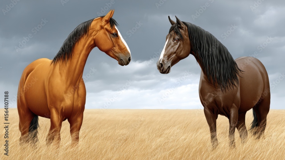 Fototapeta premium Two horses standing in a grassy field under a cloudy sky, facing each other with calm expressions