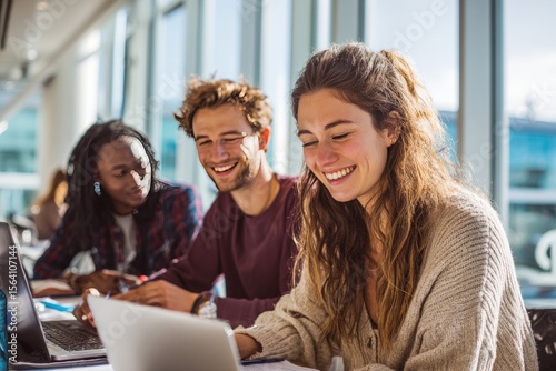 Three smiling students collaborate on a laptop in a bright, modern study space; one looks on