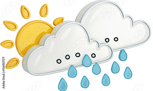  yellow sun partially covered by white clouds with blue raindrops falling.