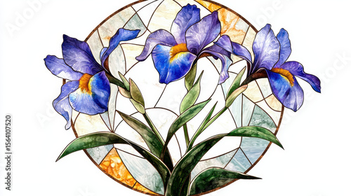 Stylized irises in stained glass style with vibrant blue petals and green leaves, creating beautiful floral design