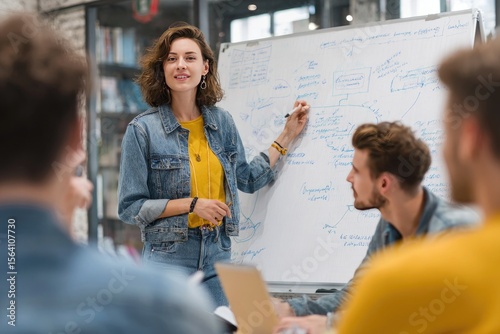 A young woman leads a brainstorming session, presenting ideas on a whiteboard to a small group of attentive colleagues in a casual office setting