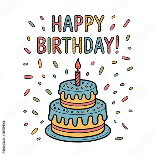 Cartoon birthday cake with candle and happy birthday text