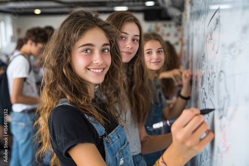 Three smiling teenage girls collaborate on a whiteboard, filled with equations and diagrams, in a busy classroom setting