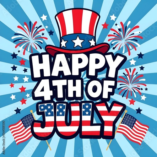 Celebratory illustration for Independence Day featuring fireworks, flags, and patriotic colors and
