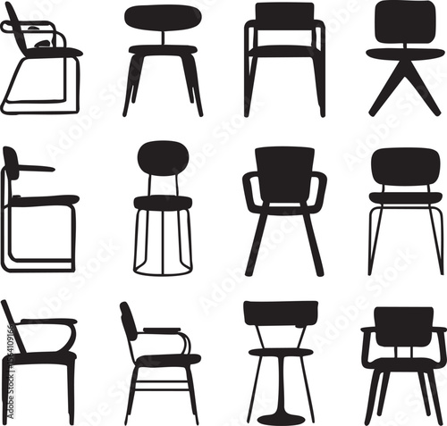 Diverse Chair Silhouettes Collection Minimalist Furniture Designs Black Isolated Chair Icons Interior Design Elements Architectural Representations Black And White