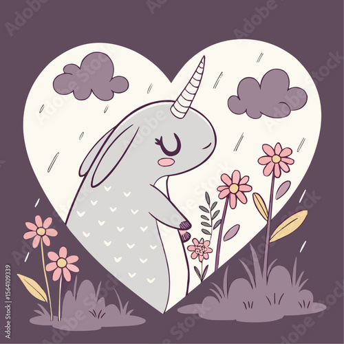 Cute illustration of a unicorn standing in a heart shape with flowers and rain, expressing emotions and charm