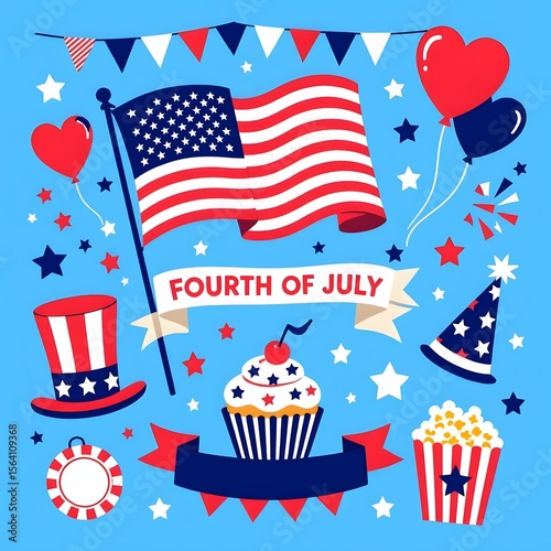 Festive Fourth of July themed illustration with flag, balloons, and treats on a light blue