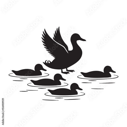 Mother Duck Protecting Ducklings Vector Illustration Of Family Of Ducks In Water Simplistic Black And White Design