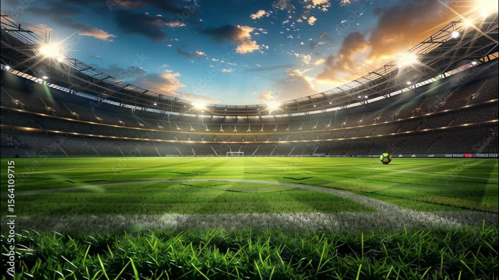 Soccer stadium background, panorama of green ground of sport field, ball and lights. Concept of court, competition, grass, football arena