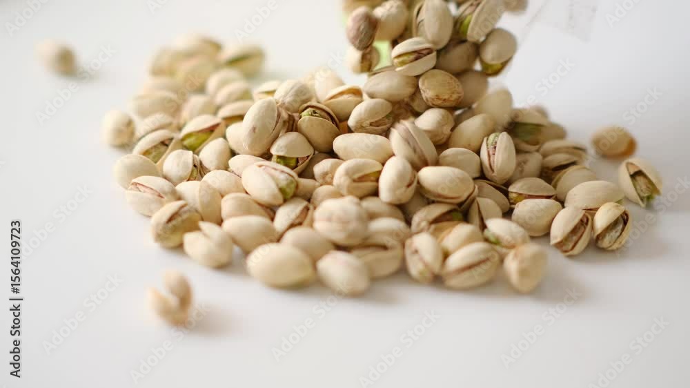 Close-up of pistachio nuts rotating on the white table, Pistachio Nuts.