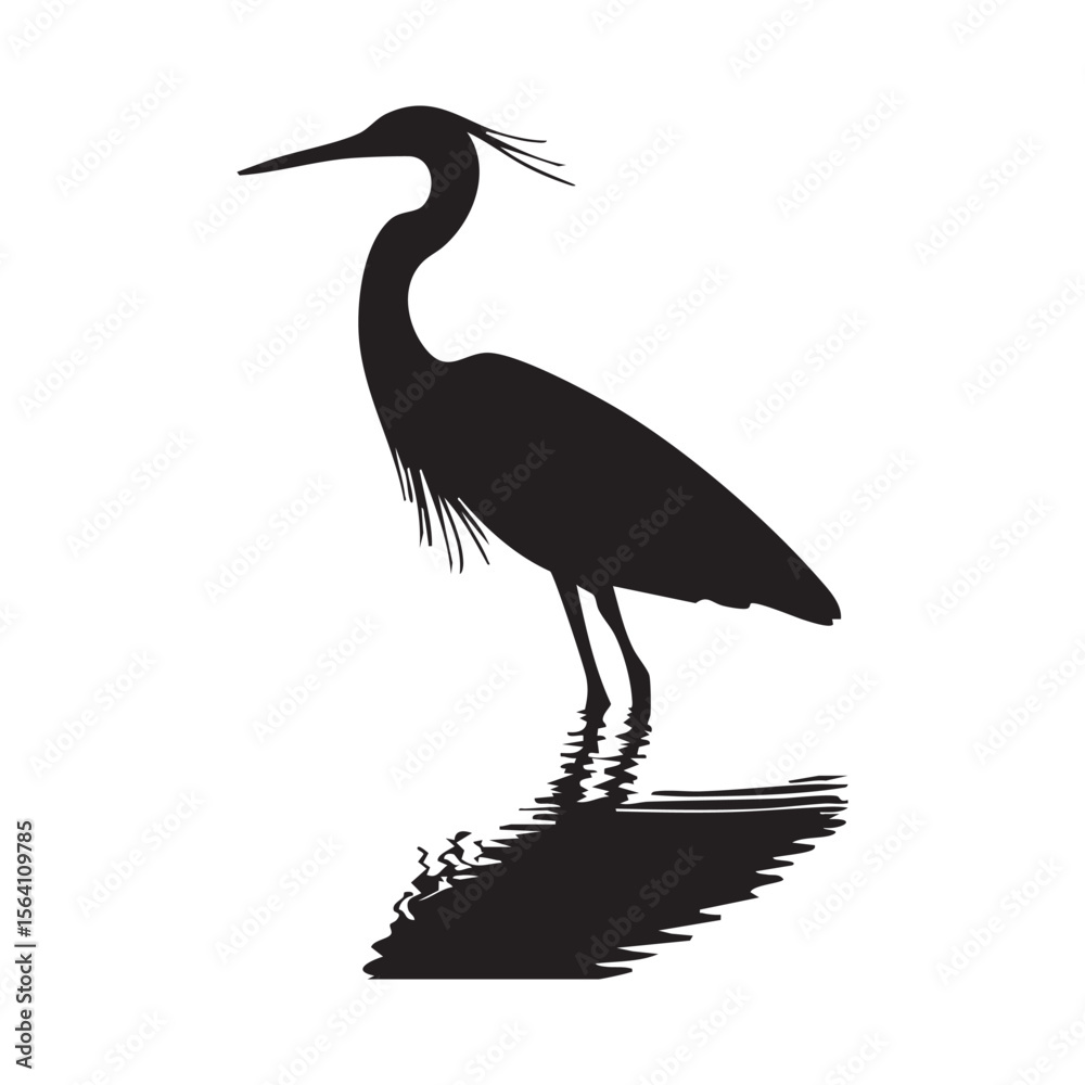 Fototapeta premium Silhouette Of A Heron Reflected In Water Creates An Elegant Vector Illustration On A White Background Wildlife Theme