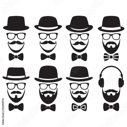 Set Of Retro Style Gentleman Silhouettes With Hats,Glasses,Mustache,Beards And Bowtie Various Designs Isolated On White Background