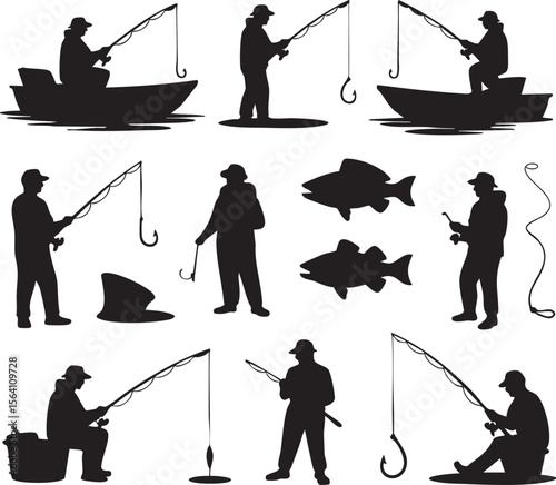 Silhouette Collection Of Fishermen And Fish Images For Fishing Concepts Vector Set