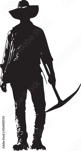 Farmer Holding a Pickaxe Silhouette Vector Illustration on Transparent Background