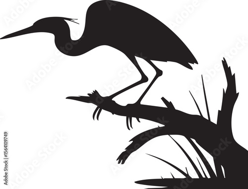 Silhouette Of A Great Blue Heron On A Branch Vector Illustration Design Calm Wildlife Symbol Isolated Background Black And White Bird Nature Minimalist