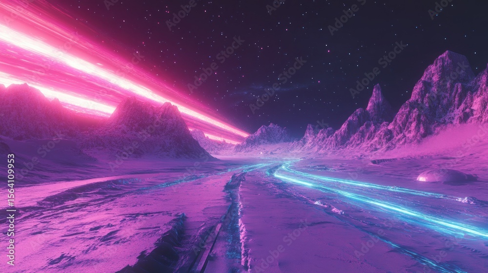 Fototapeta premium Colorful alien planet landscape at night
