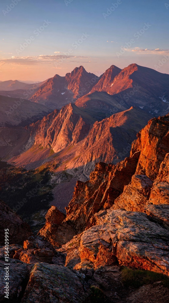 Obraz premium Majestic Mountain Peaks Glowing in Golden Sunset Light