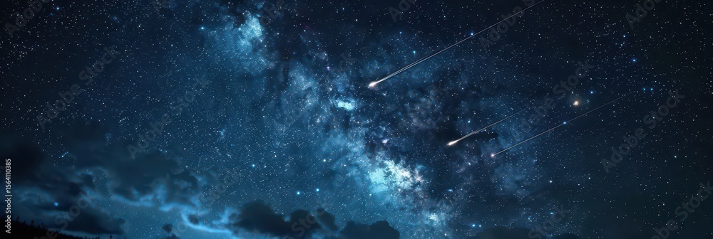 Obraz premium Spectacular perseids meteor shower illuminating the night sky with shooting stars. Comet Swift-Tuttle. World Astronomy Day. Horizontal banner. Free space for text.