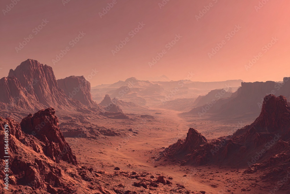 Naklejka premium Vast Martian Desert Landscape with Red Mountains and Rocky Terrain