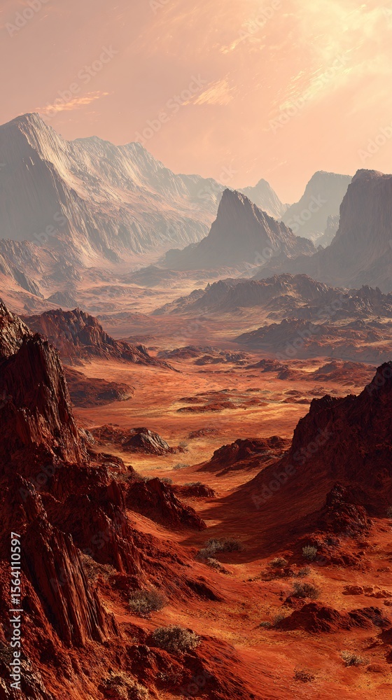 Fototapeta premium Vertical Sci-Fi Martian Landscape with Rugged Red Canyons and Mountains