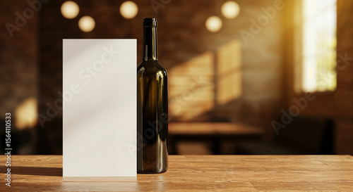 Restaurant interior scene with mockup menu and wine bottle on wood table mockup