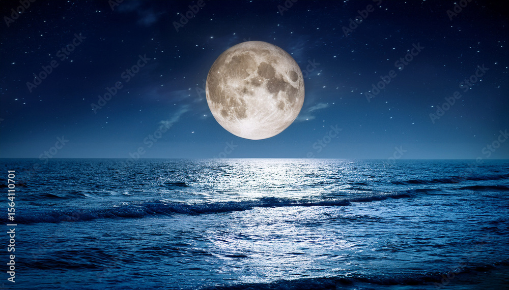 Naklejka premium full moon over night sea with gentle waves and starlit sky created with generative ai technology