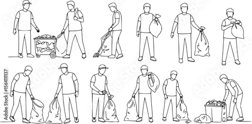Group of man cleaning the environment line drawing illustration. Volunteers collecting the waste one line hand drawn.

