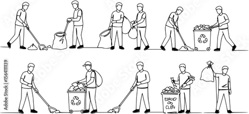 Group of man cleaning the environment line drawing illustration. Volunteers collecting the waste one line hand drawn.
