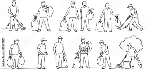 Group of man cleaning the environment line drawing illustration. Volunteers collecting the waste one line hand drawn.
