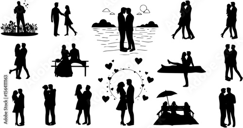 Romantic couple with various poses outdoors vector flat silhouette set collection.
