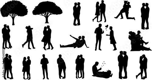 Romantic couple with various poses outdoors vector flat silhouette set collection.
