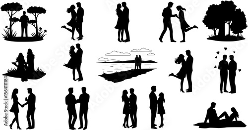 Romantic couple with various poses outdoors vector flat silhouette set collection.
