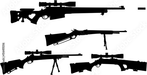 Set of four long gun silhouettes, including a sniper rifle with bipod and hunting rifles.
