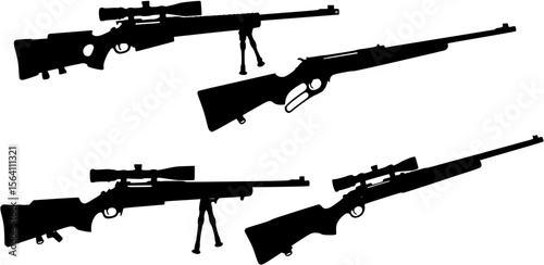 Set of four long gun silhouettes, including a sniper rifle with bipod and hunting rifles.
