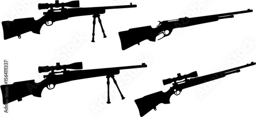 Set of four long gun silhouettes, including a sniper rifle with bipod and hunting rifles.
