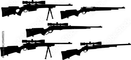 Set of four long gun silhouettes, including a sniper rifle with bipod and hunting rifles.
