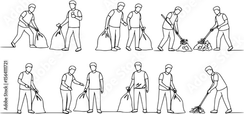 Group of man cleaning the environment line drawing illustration. Volunteers collecting the waste one line hand drawn.
