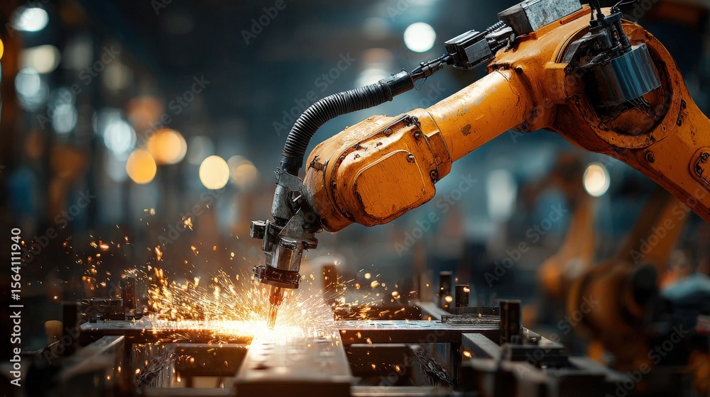 Robotic welding arm assembling steel components in automated factory, bright sparks, high-tech background with copyspace Robotic welding arm assembling steel components in automated factory, bright sparks, high-tech background with copyspace