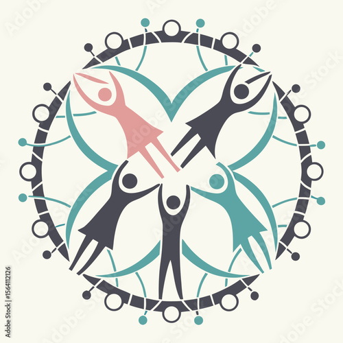 Abstract Teal Gray Pink Figures Circular Arrangement Unity Teamwork Concept shapes