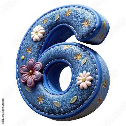 3d blue denim number 6 with floral embellishments isolated on transparent background