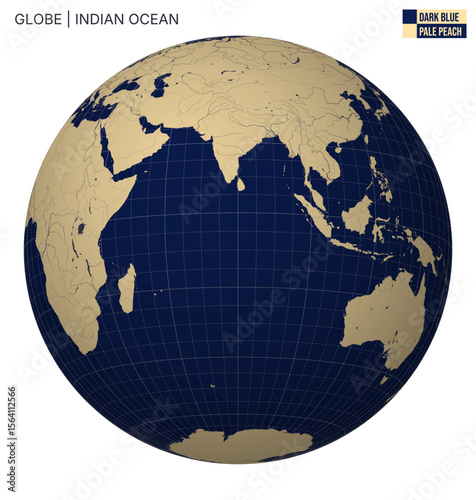 Vector Globe centered to Indian Ocean. Dark Blue Pale Peach palette. World map with meridians, parallels, countries, rivers and lakes. Alive vector illustration.