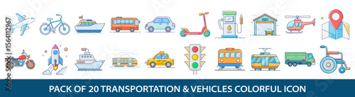 Transportation and Vehicles Colorful Line Icon Pack