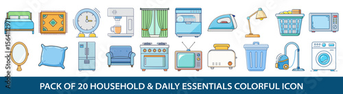 Household and Daily Essentials Colorful Icon Collection