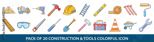 Colorful Construction Tools Icon Set – 20 Vector Equipment Illustrations