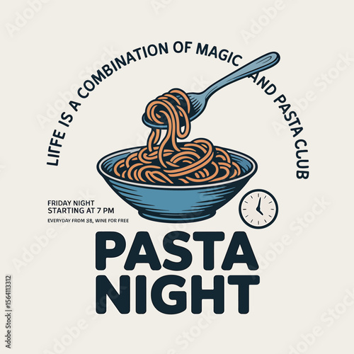 Delightful pasta night poster for restaurant promotion, a tasty bowl of spaghetti with promotional text, perfect as a graphic element for food branding and culinary designs.