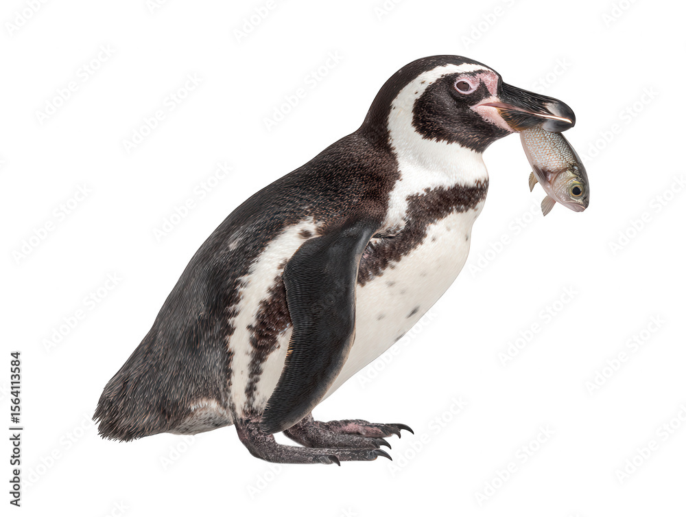 Fototapeta premium A Humboldt penguin standing in profile view and holding a freshly caught fish in its beak, isolated on a clean white background