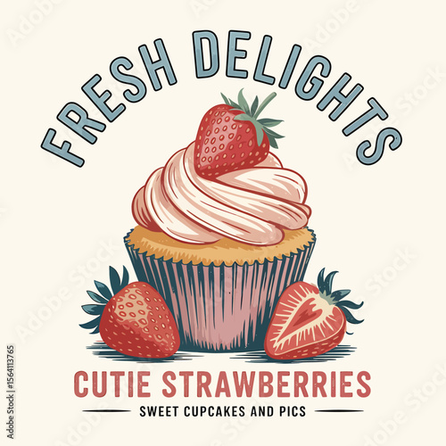 A delectable cupcake with fresh strawberry topping and accentuating cutie strawberries makes a tempting treat design, suitable for bakery branding and celebratory dessert-themed promotions.