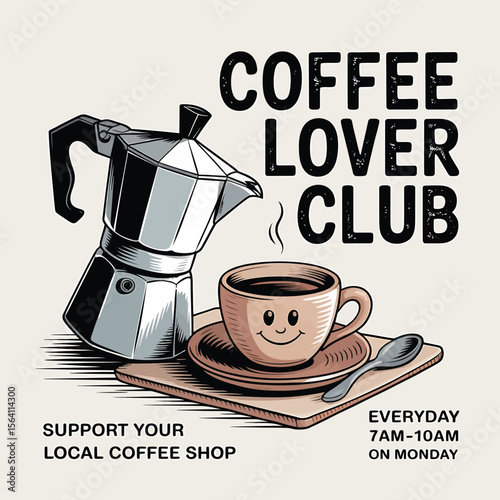 A handcrafted graphic design featuring a moka pot, a coffee cup with a smile, and the phrase "Coffee Lover Club," perfect for cafe menus, promotional flyers, or merchandise.