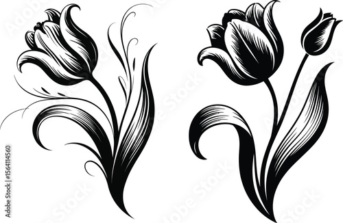 Elegant black and white stylized tulips with swirling flourishes and leaves