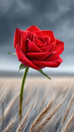 Vibrant red rose in windy setting  nature stock photo